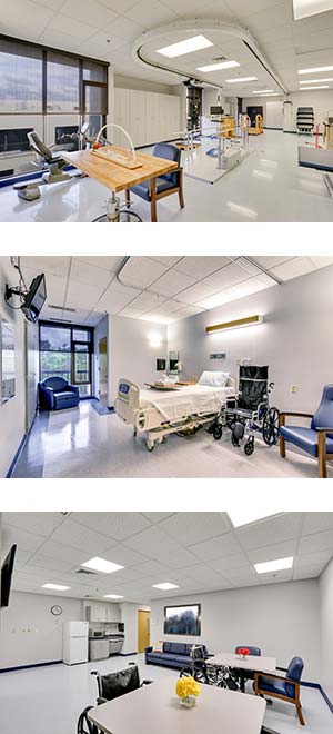 Brain Injury Program gym, patient room and dining room
